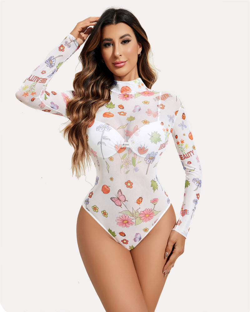 White sheer mesh long-sleeve bodysuit with floral print and high neck