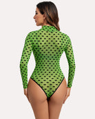 Turtleneck sheer mesh bodysuit in bright green with black dot pattern, back view.
