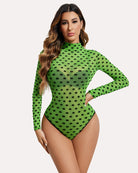 Turtleneck sheer mesh bodysuit in bright green with black dot pattern, long sleeves.