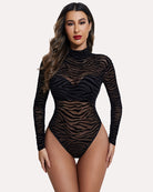 Turtleneck sheer mesh bodysuit in black with zebra-style animal print, long sleeves.