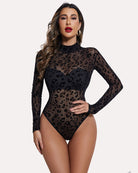 Black sheer mesh turtleneck bodysuit with long sleeves, leopard print, front view