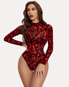 Red and black baroque sheer turtleneck long-sleeve bodysuit with fitted thong cut.