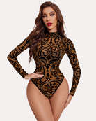 Gold and black sheer mesh turtleneck bodysuit with long sleeves, baroque print, front