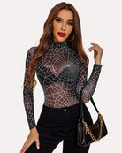 Turtleneck sheer mesh bodysuit with black spiderweb geometric print, long sleeves