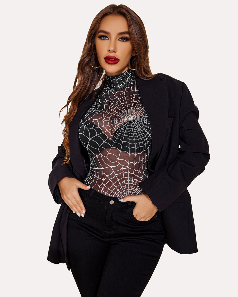 Turtleneck sheer mesh bodysuit with black spiderweb geometric print and high neck