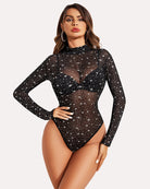 Long-sleeve sheer turtleneck bodysuit, black with star print.