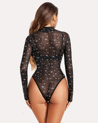 Turtleneck sheer mesh bodysuit with black starry galaxy print, rear view