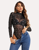 Turtleneck sheer mesh bodysuit with black starry galaxy print and sheer panels