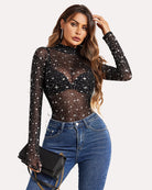 Long-sleeve sheer turtleneck bodysuit, black with star print, long sleeves.