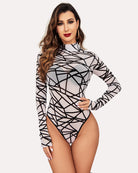 Long-sleeve sheer turtleneck bodysuit, white with black geometric line print.