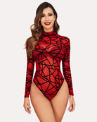 Red and black geo print sheer mesh turtleneck bodysuit with long sleeves