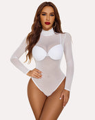 White sheer mesh turtleneck bodysuit, long sleeves, molded cup front