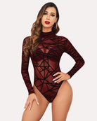 Geometric sheer mesh turtleneck bodysuit, dark red with black abstract lines