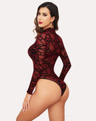 Geometric sheer mesh turtleneck bodysuit, dark red with black abstract lines, back