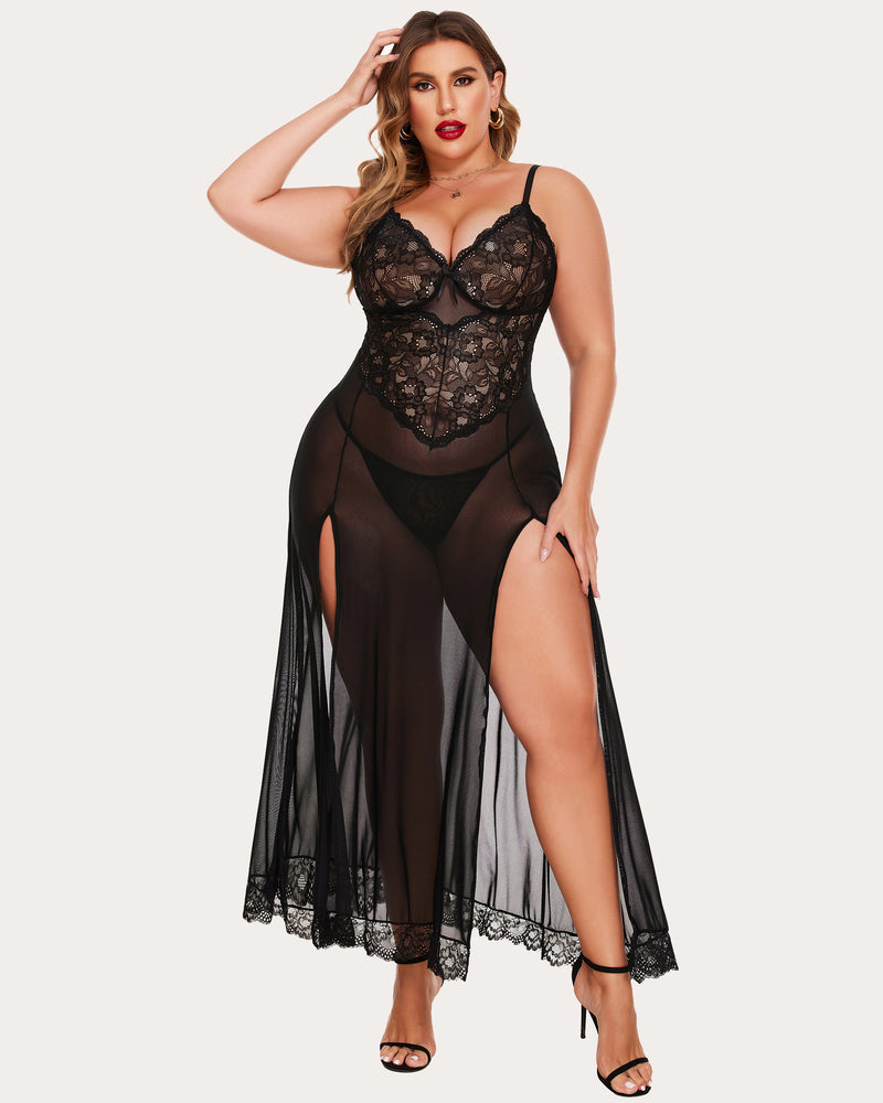 Black sheer lace nightdress with V neckline and thigh-high side slit