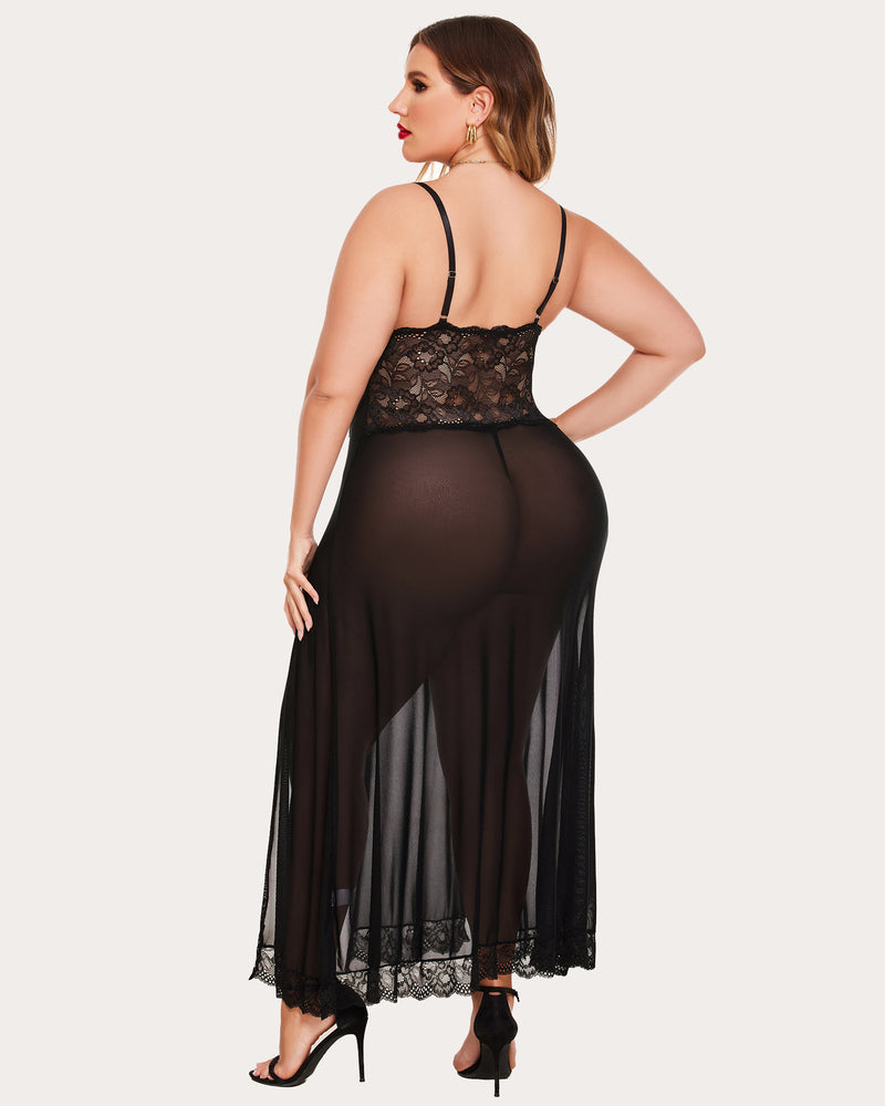Black sheer lace back nightdress with adjustable straps and scalloped hem
