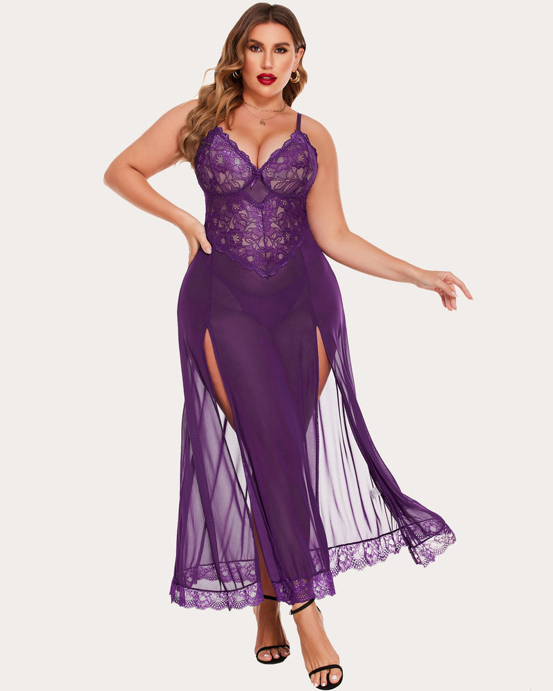 Purple sheer lace nightdress with long side slit and scalloped hem