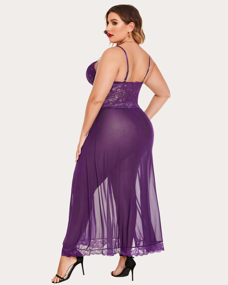 Purple sheer nightdress with lace straps and low back, flowing hem