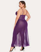 Purple sheer nightdress with lace straps and low back, flowing hem