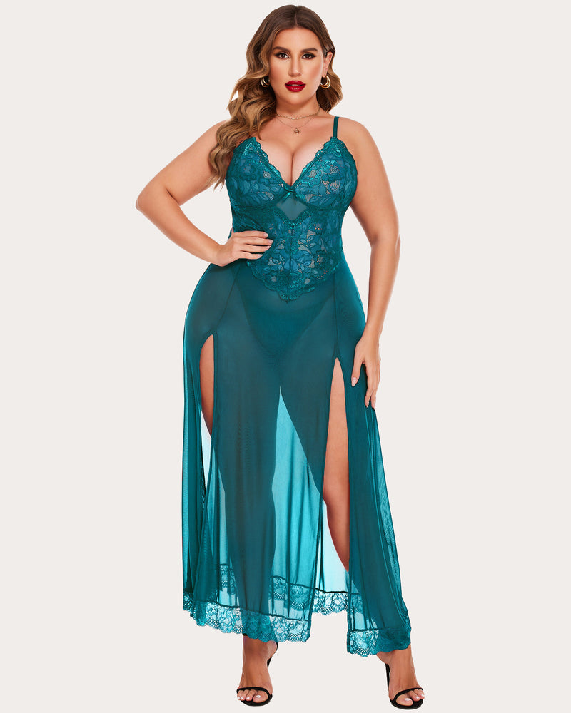 Teal sheer lace nightdress with V neckline and side slit