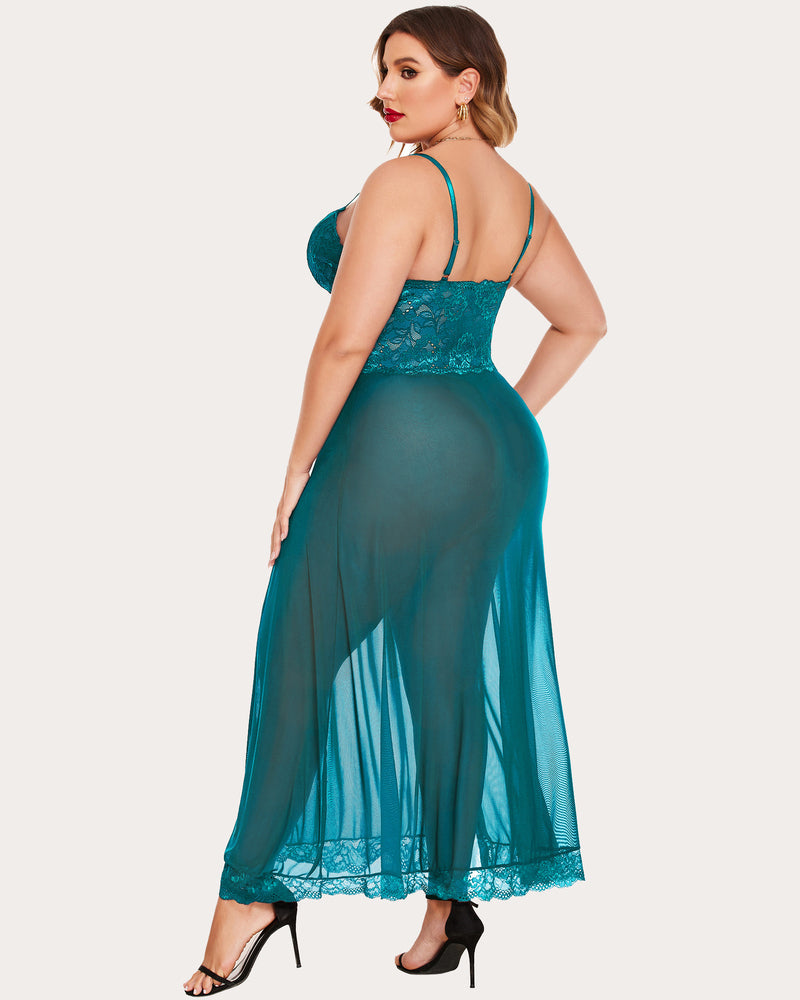 Teal sheer lace back nightdress with open back and flowing skirt