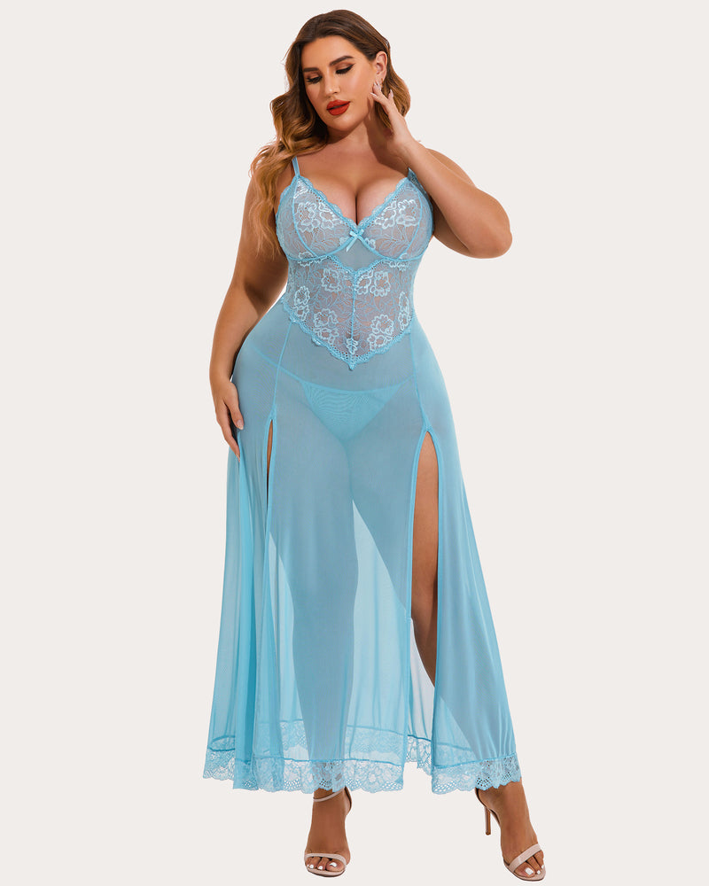 Floral side-slit nightdress in light blue, lace bodice and spaghetti straps