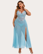 Floral side-slit nightdress in light blue, lace bodice and spaghetti straps
