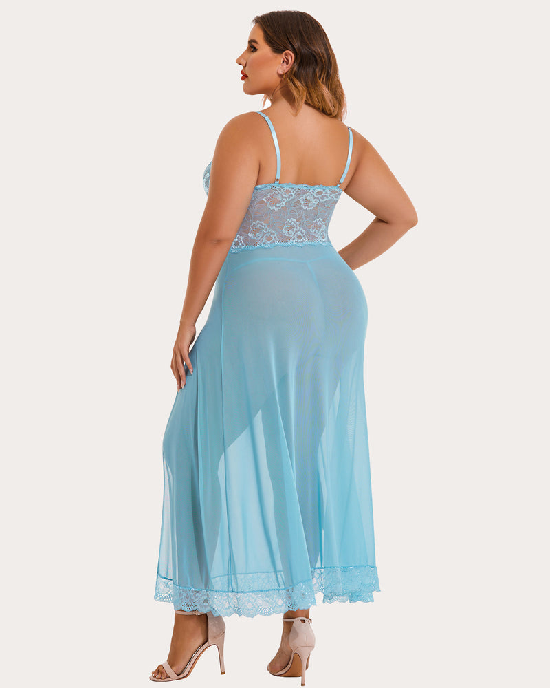 Floral side-slit nightdress in light blue, lace back and open side hem