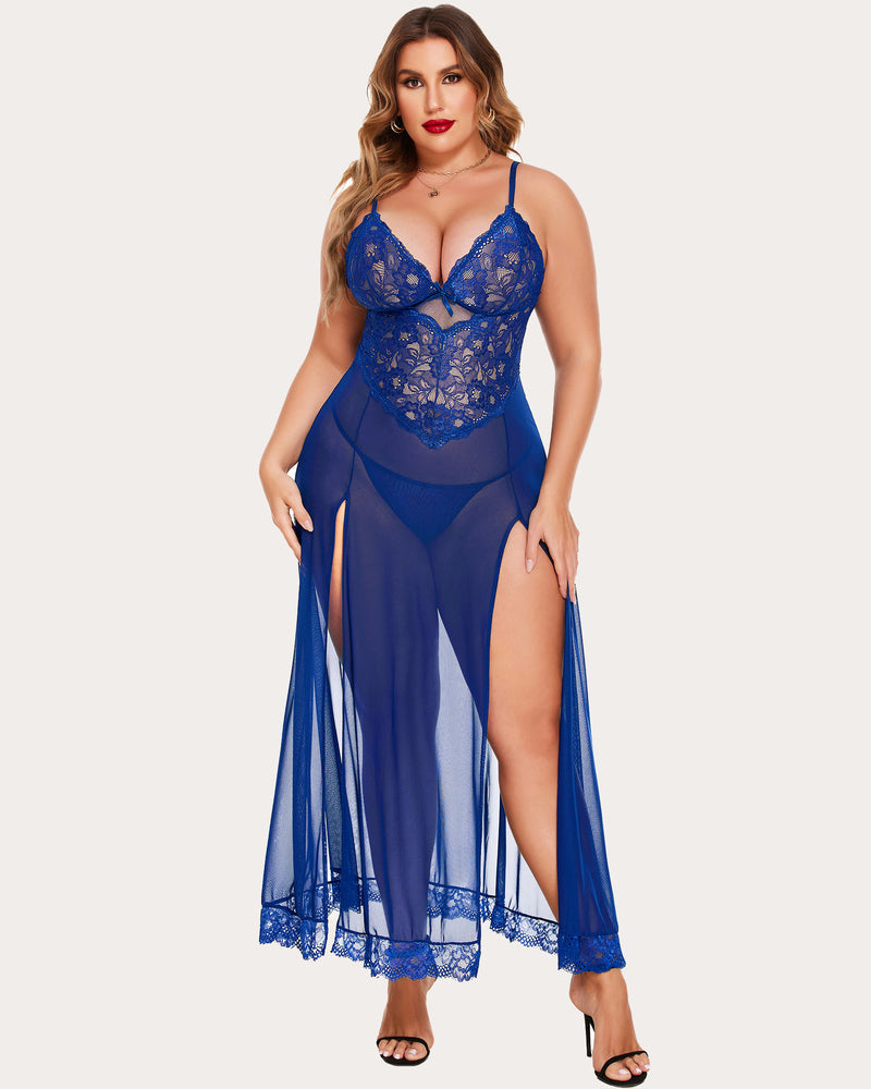 Floral side-slit nightdress in royal blue, lace bodice and open side slits