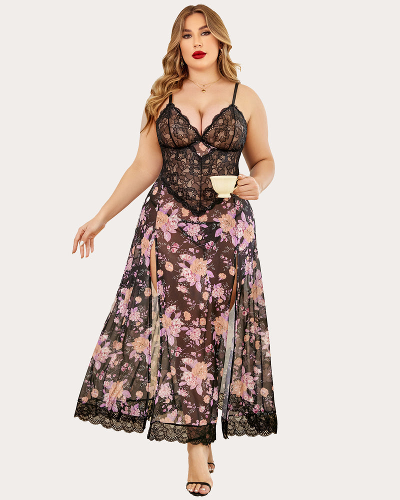 Black floral nightdress with lace cups, scalloped hem, and flared skirt
