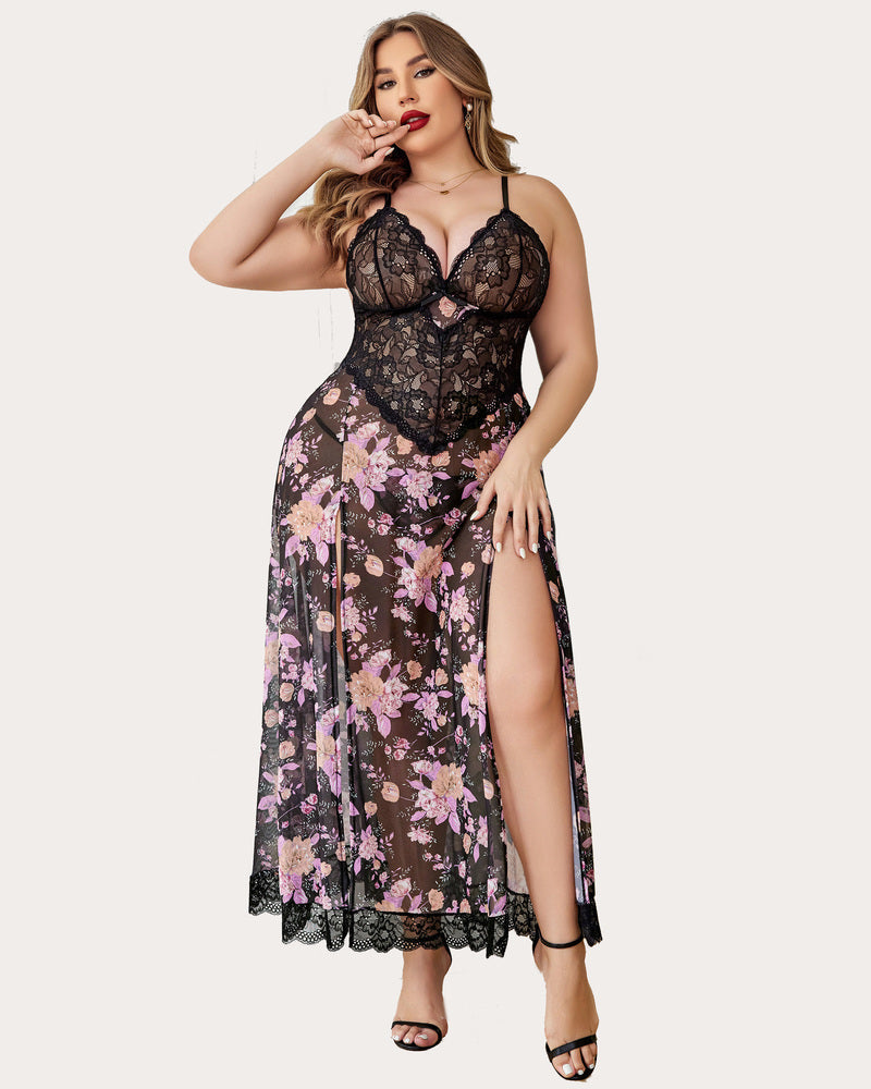 Black lace bodice floral nightdress with V neckline and side slit