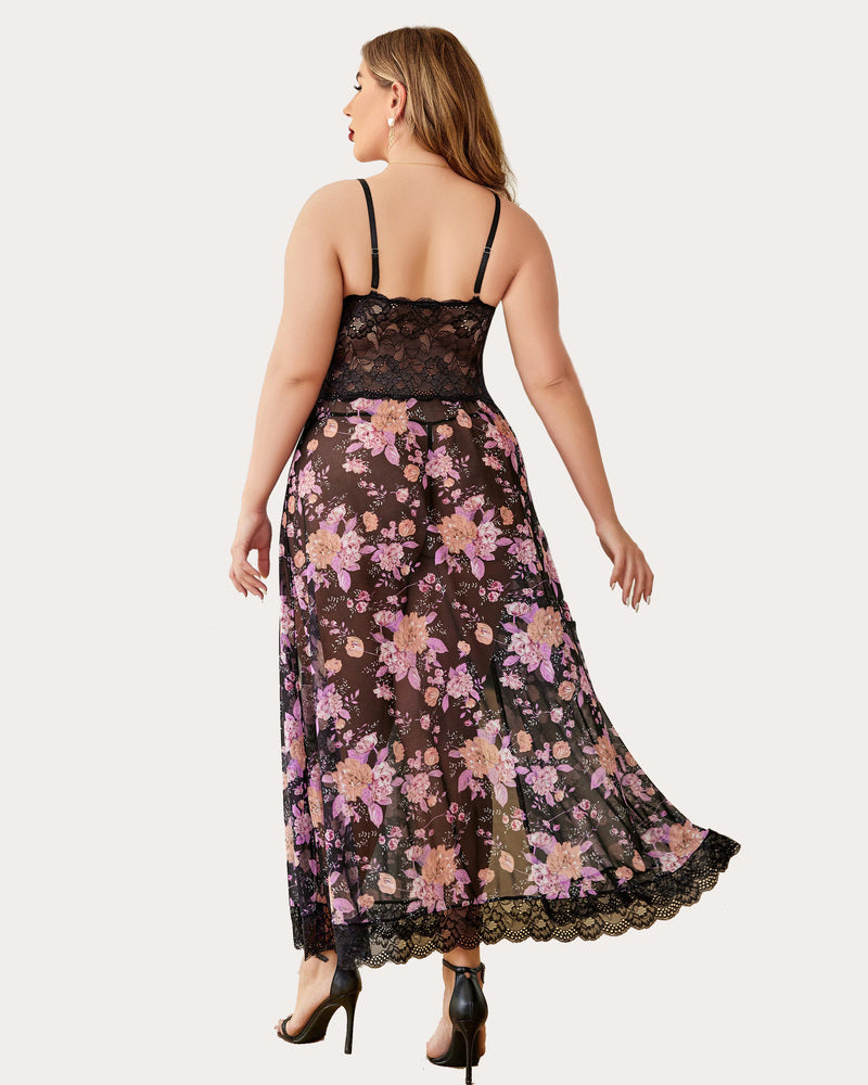 Black lace-back floral nightdress with wide straps and side slit