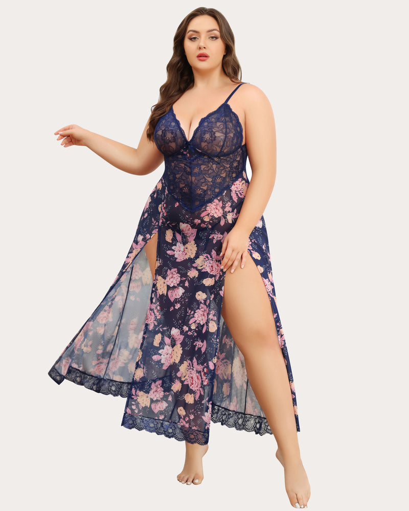 Blue floral nightdress with lace bodice, V neckline, and side slit
