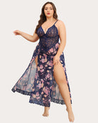 Blue floral nightdress with lace bodice, V neckline, and side slit