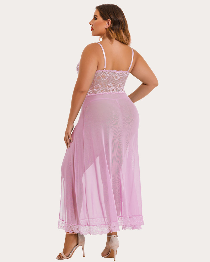 Lavender/pink mesh maxi dress with lace-trim camisole back and side slit; sheer skirt with hem lace.