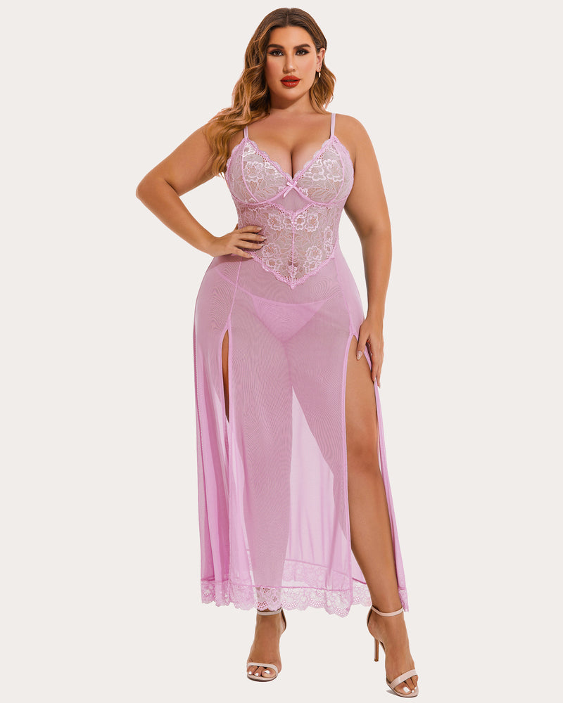 Lavender/pink mesh maxi dress with lace bodice, underwire cups, and side slit; sheer skirt.