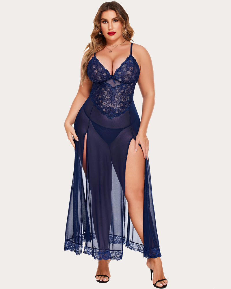 Floral side-slit nightdress in deep navy, sheer skirt with lace trim