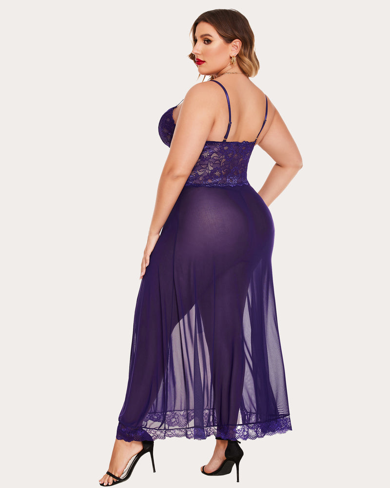 Floral side-slit nightdress in deep purple, lace back and side slit hem