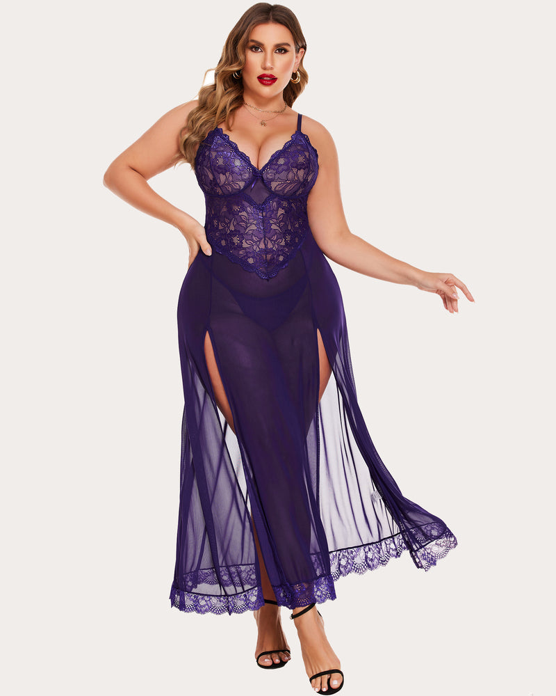Floral side-slit nightdress in purple, lace bodice and sheer flowing skirt