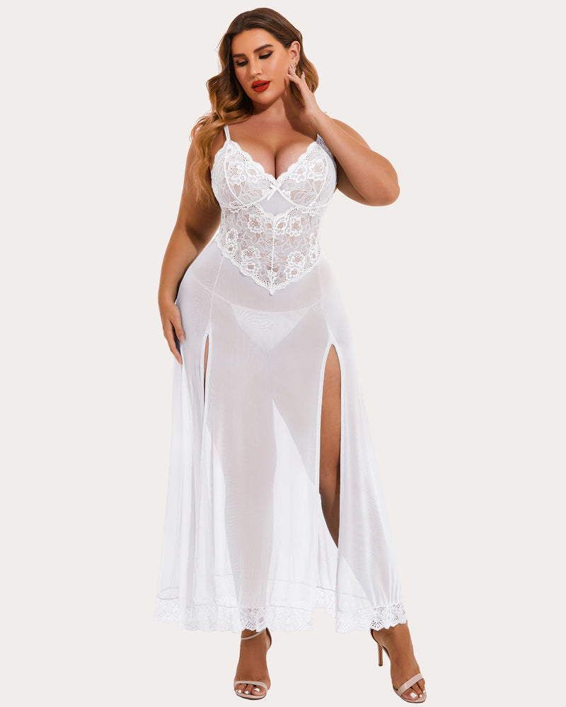 Floral side-slit nightdress in white, lace bodice and sheer long skirt