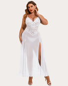 Floral side-slit nightdress in white, lace bodice and sheer long skirt