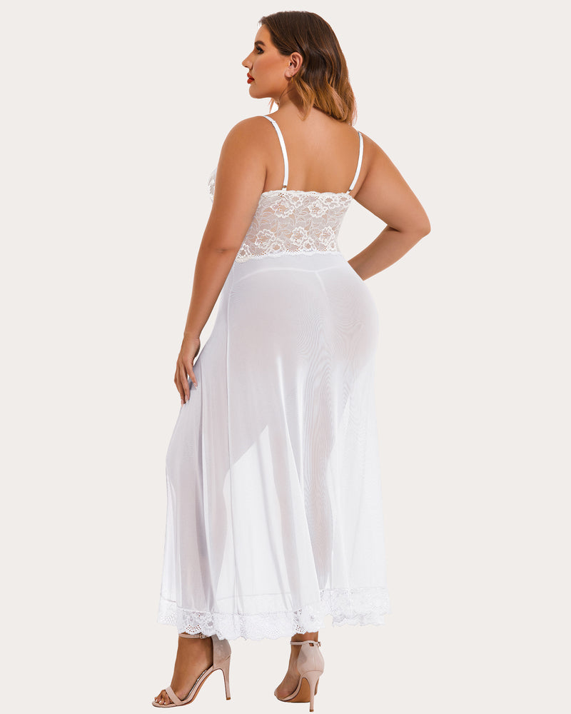 Floral side-slit nightdress in white, lace back and open side hem