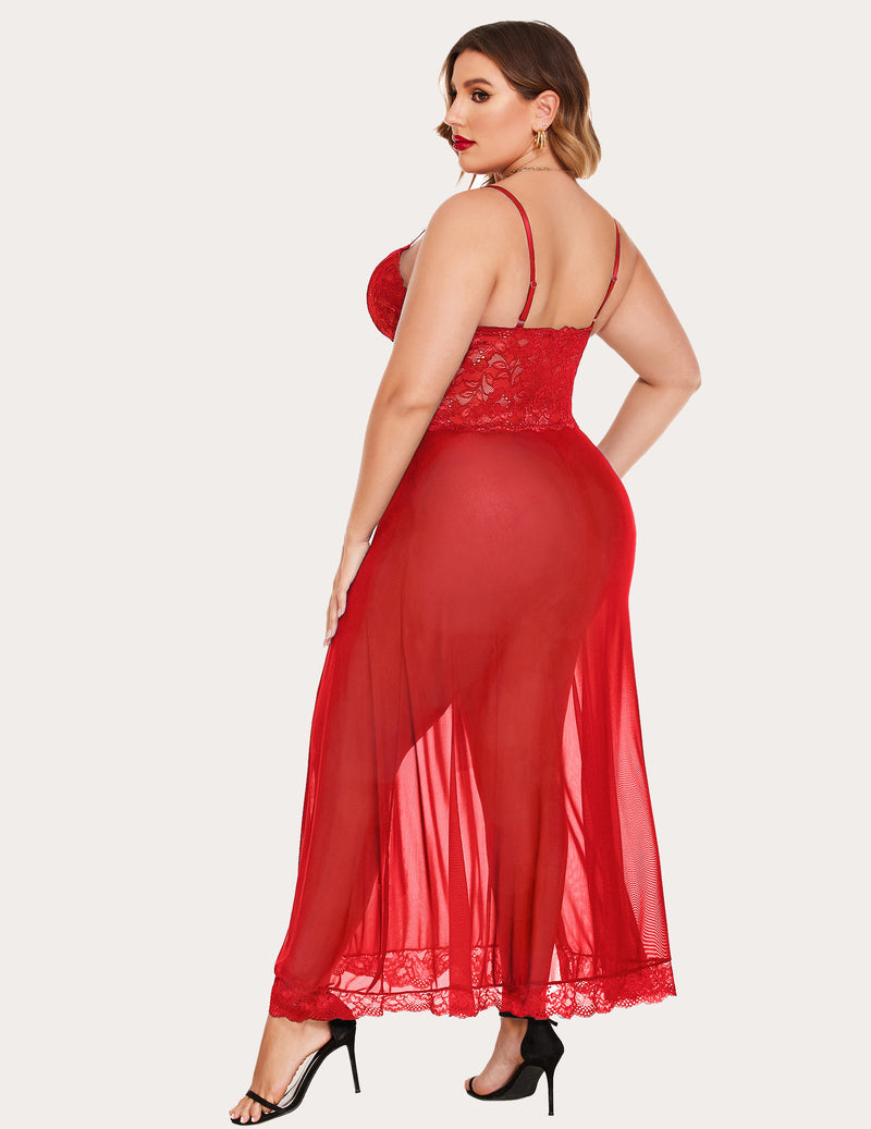 Red sheer backless nightdress with lace bodice, adjustable straps and side slits
