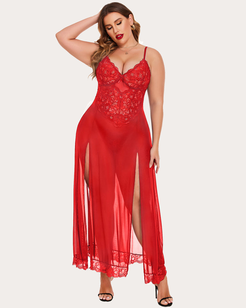 Red mesh maxi dress with lace V-neck bodice and thin straps, long front side slit