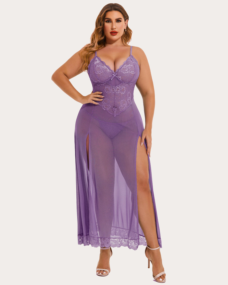 Purple mesh maxi dress with lace cups and thin straps, high side slit