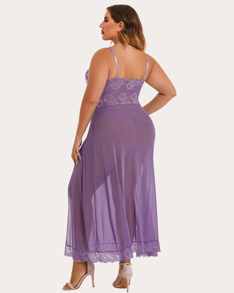 Purple mesh maxi dress with lace bodice, thin straps, and high side slit