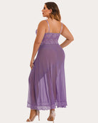 Purple mesh maxi dress with lace bodice, thin straps, and high side slit