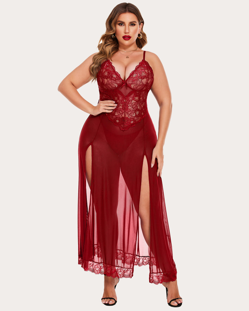 Red mesh maxi dress with lace cups and thin straps, long slit hem