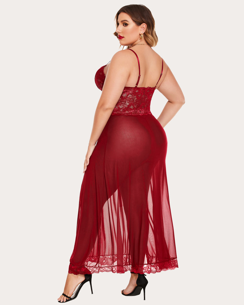 Red mesh maxi dress with lace bodice, thin straps, and draped skirt side slit