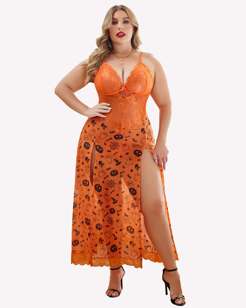 Orange patterned lace nightdress with deep V bust, sheer panels and side slit